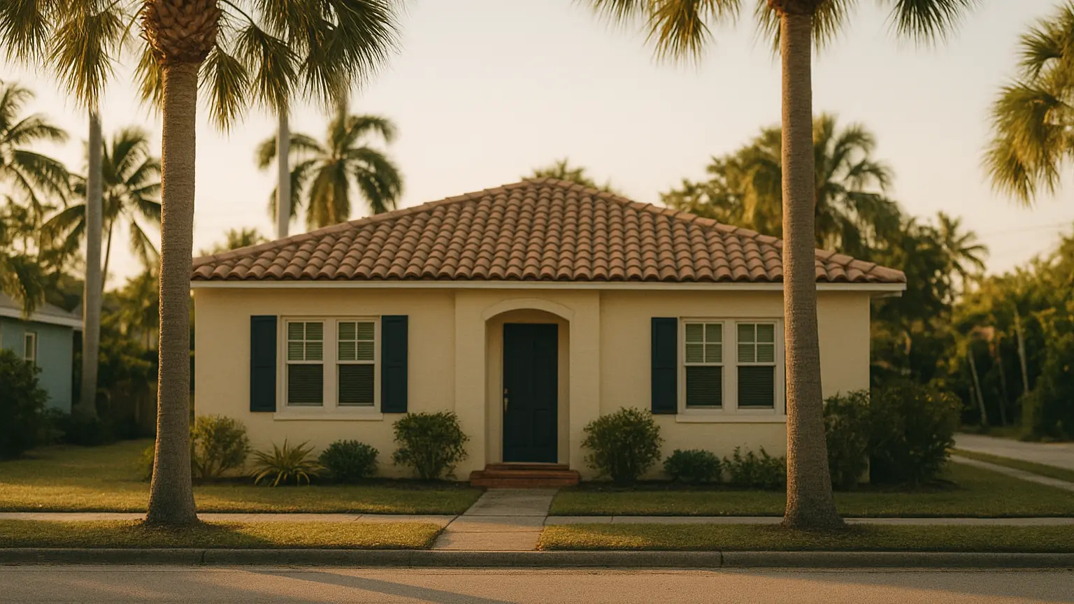 palm trees and a low pastel Florida bungalow with a tile roof in warm late light, quiet residential street