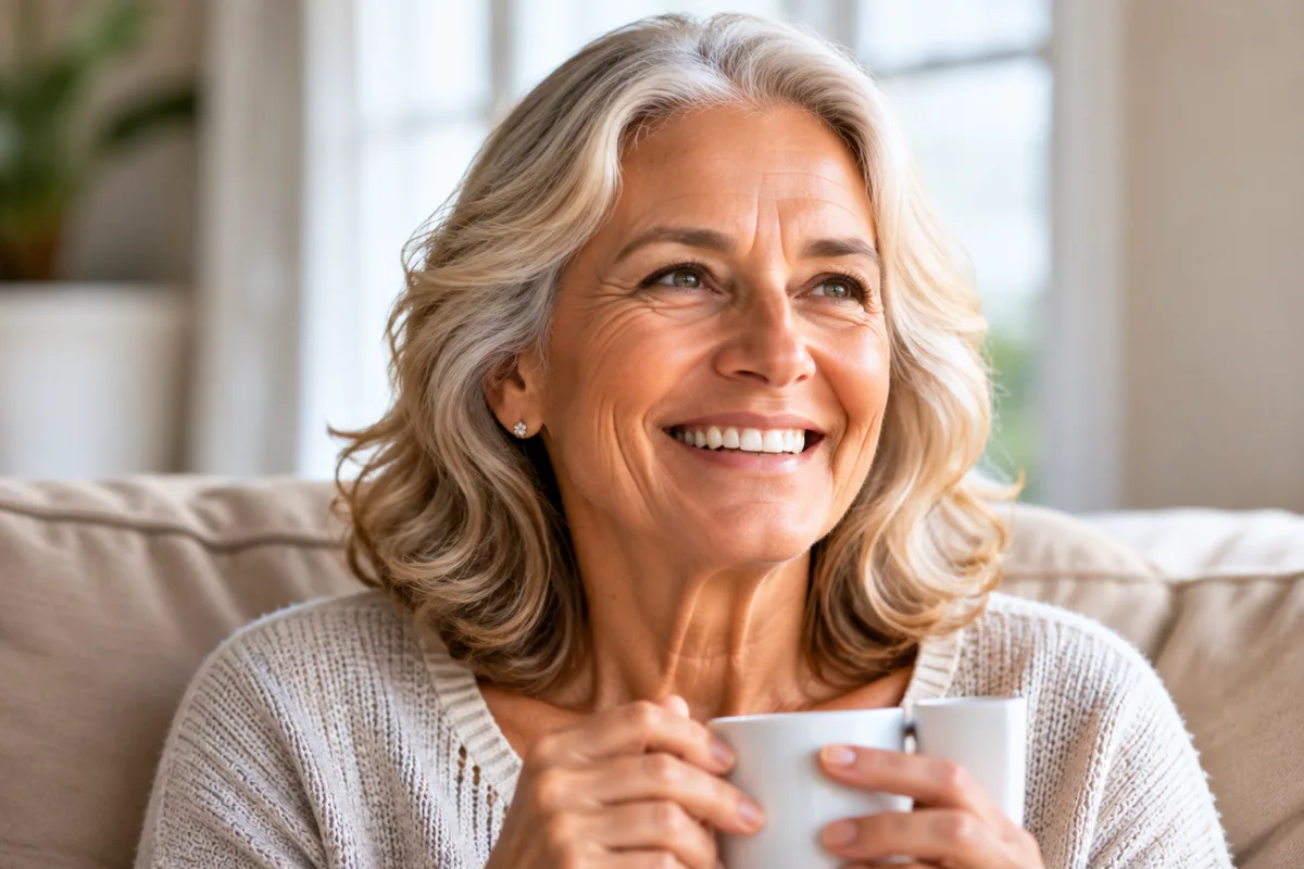 A smiling woman holding a coffee mug on a sofa at home