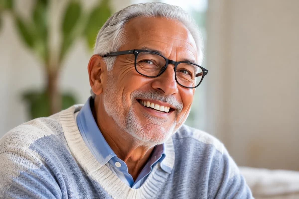 A smiling older man in glasses and a grey sweater