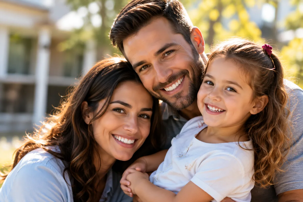 A father, mother and young daughter smiling together outside their home