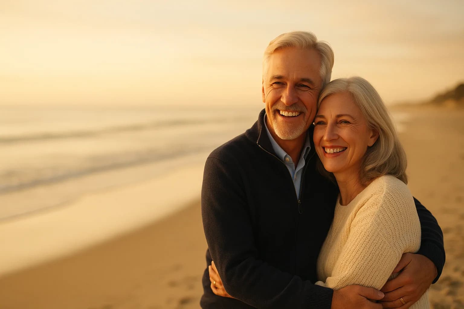 A silver-haired couple embracing and smiling on the beach at golden hour, the man in a navy zip sweater and the woman in a cream knit sweater