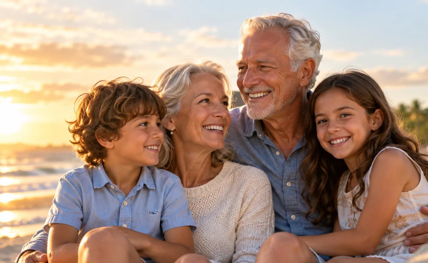 Grandparents sitting on the beach at sunset with their two grandchildren