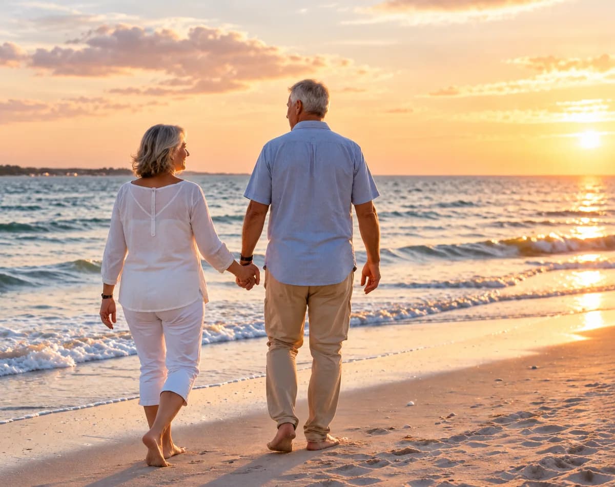 A couple walking hand in hand along the shoreline at sunset